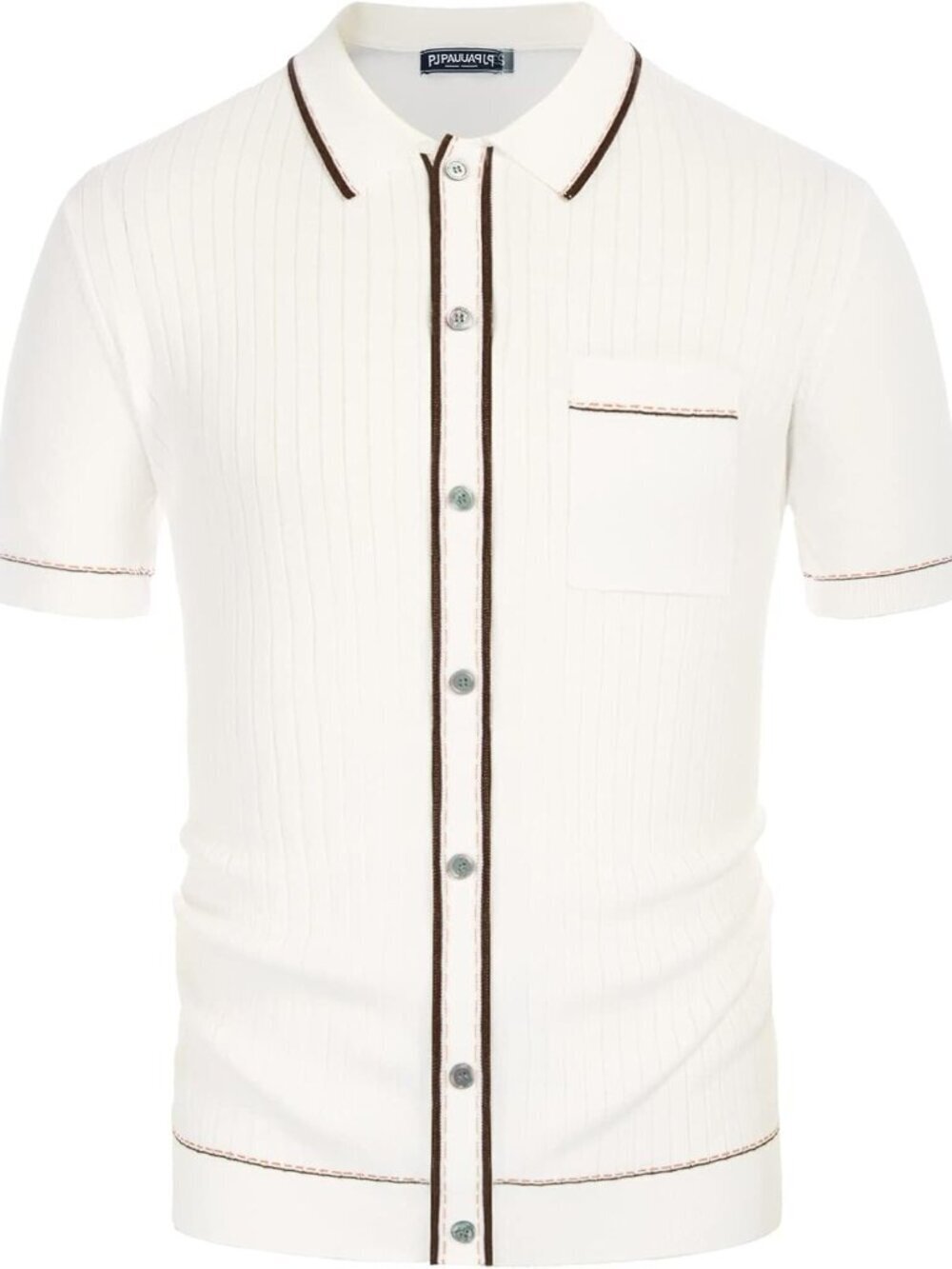 Men's White Short Sleeve 70s Vintage Polo Contrast Knit Retro Top Casual Shirt